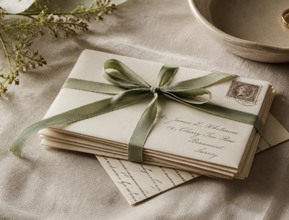 Handwritten letters tied with a sage ribbon