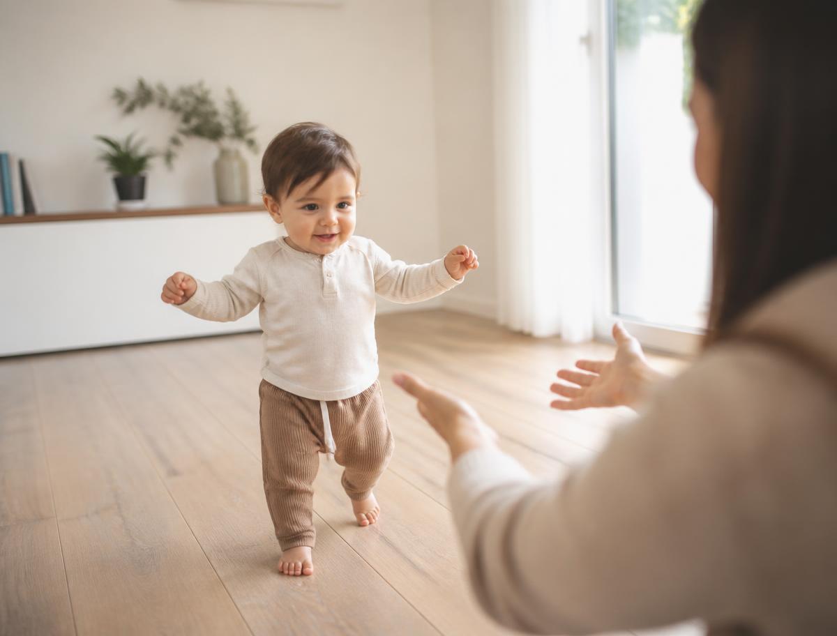 A toddler taking first steps across a sunlit floor toward outstretched hands